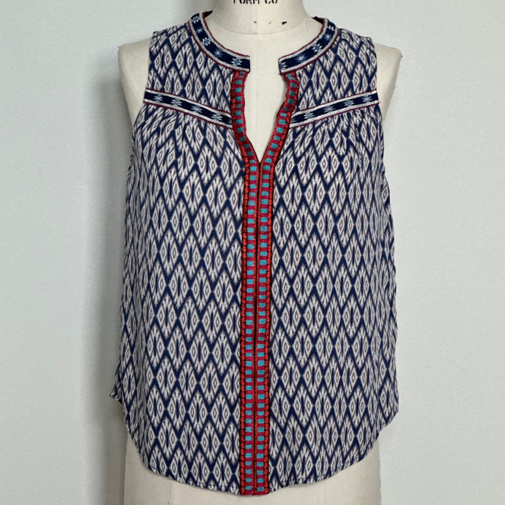 Market &‎ Spruce Blue Ikat Embroidered Split Neck Sleeveless Top SF12500 Small